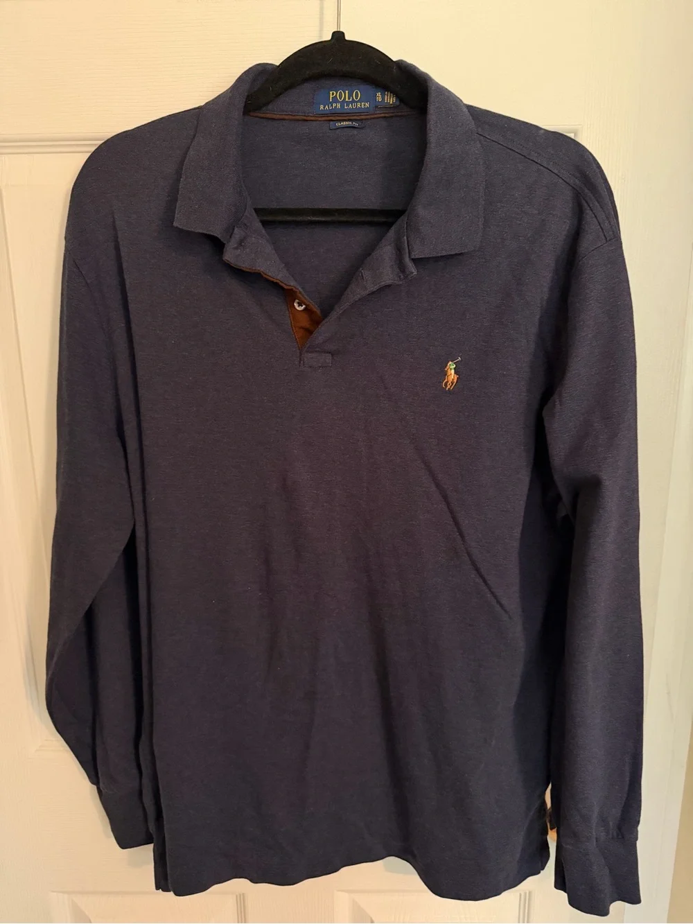 Ralph Lauren Navy Long-Sleeve Rugby Polo with Brown Contrast